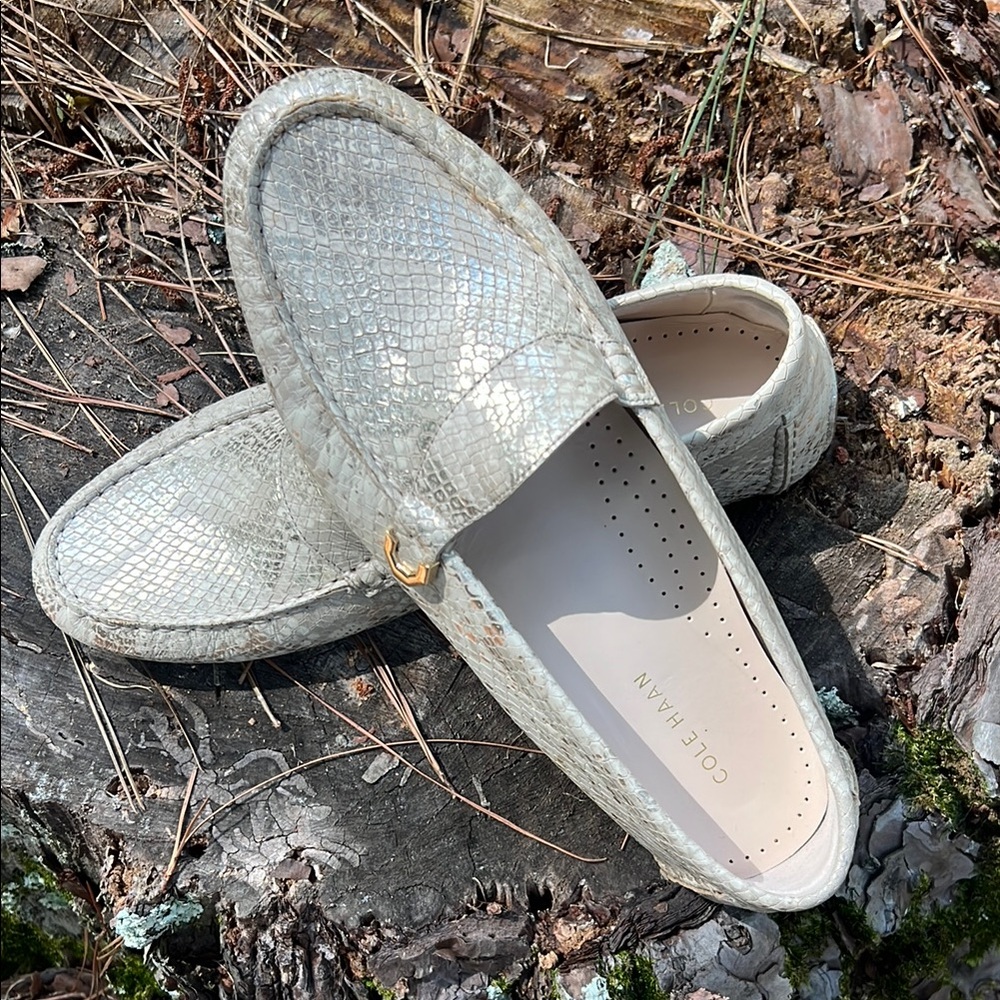 Cole Haan Metallic Gold Snakeskin Driving Moc Loafers